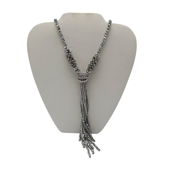 Sparkling Silver Beaded Tassel Necklace Faceted Beads Intricate Knot Design - Picture 1 of 7